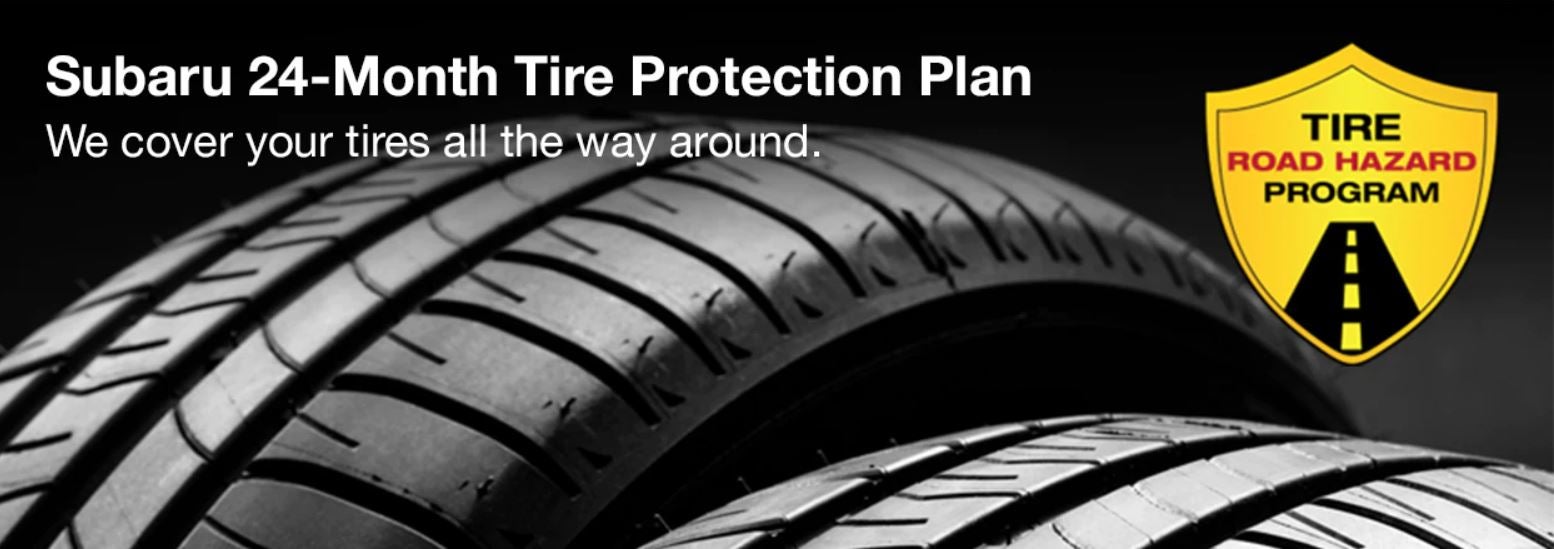 Subaru tire with 24-Month Tire Protection and road hazard program logo. | Subaru of Grand Blanc in Grand Blanc MI
